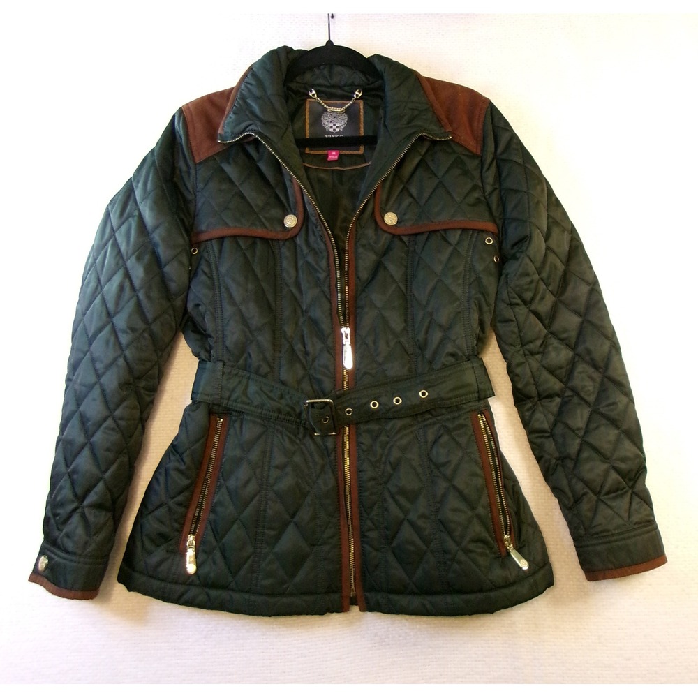 Vince Camuto Womens Quilted Belted‎ Barn Jacket Green Brown Trim L1611 Size M